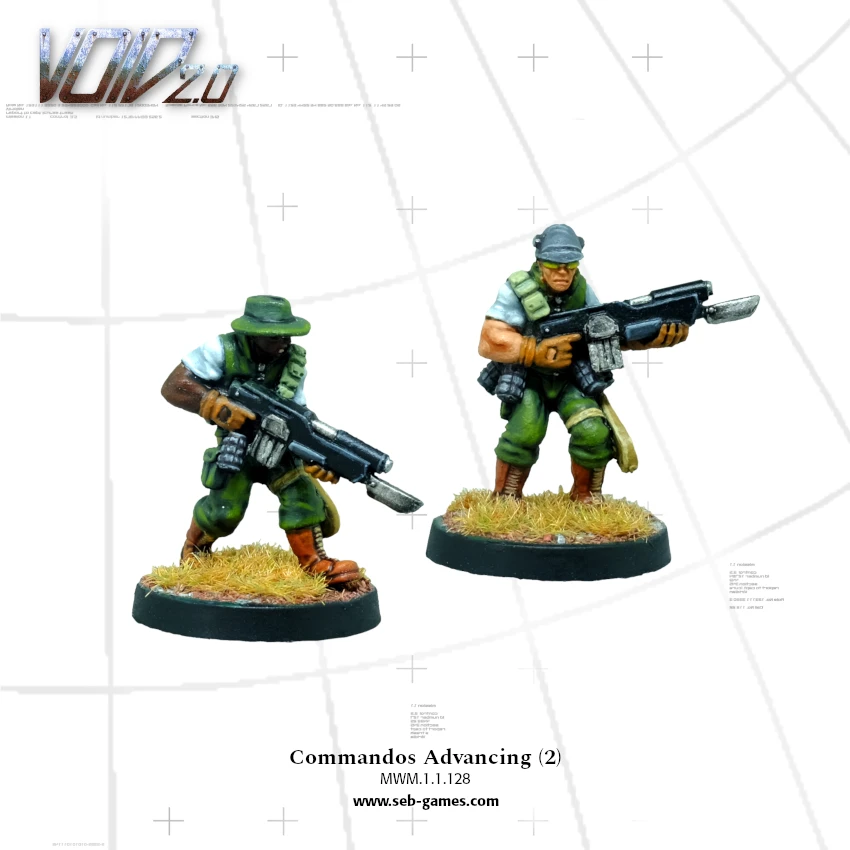 Two miniature commandos are depicted in an advancing pose, ready for action. The first commando, on the left, has dark skin and wears a green hat, a green and black uniform, and holds a futuristic weapon. The second commando, on the right, has light skin, wears a gray cap and a green uniform, and also carries a similar weapon. Both figures stand on bases with tufts of grass, set against a grid-like background.