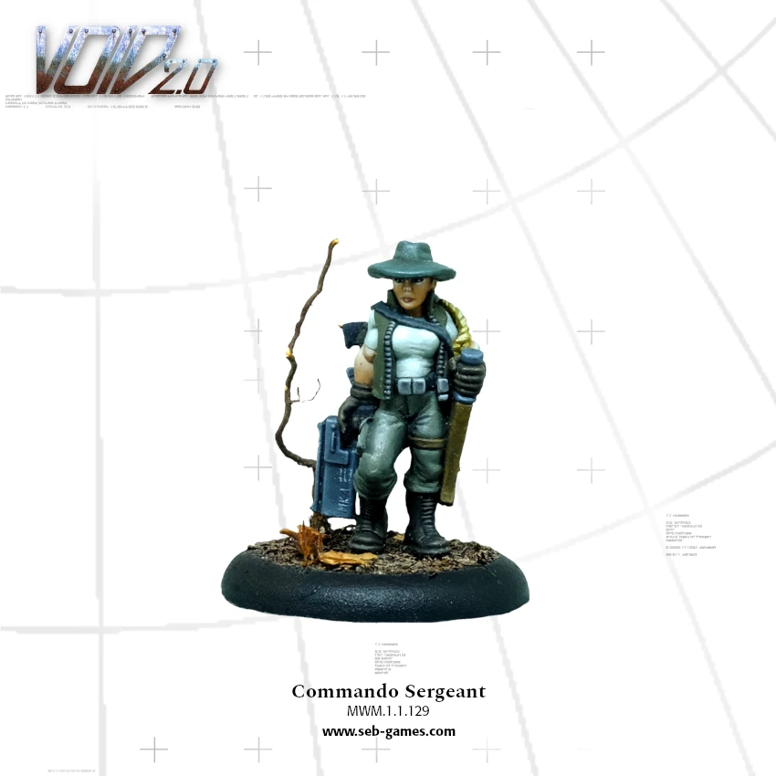 A detailed miniature figure of a Commando Sergeant stands on a textured black base, holding a flamethrower in one hand and a chain gun slung over her shoulder. She wears a tactical outfit with a fitted top and cargo pants, complemented by a wide-brimmed hat. The figure is painted in shades of green and gray, with a hint of yellow in her hair, set against a light grid background.