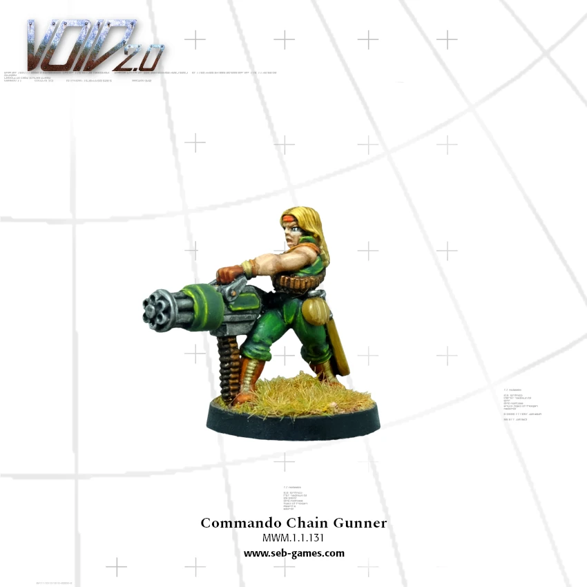 A miniature figure of a Commando Chain Gunner stands confidently, wielding a large chain gun. The figure is dressed in green tactical gear, with a headband and long blonde hair, and is positioned on a base with tufts of grass. The background is a simple grid pattern, emphasizing the figure's details and colors.