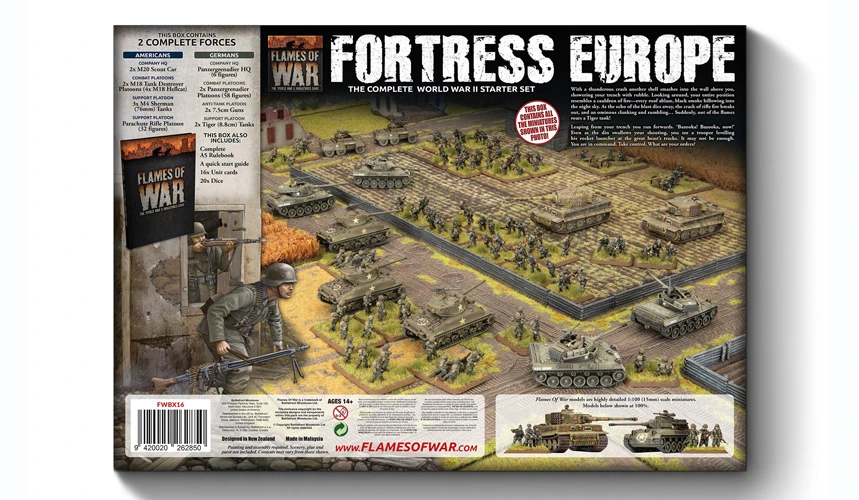 A detailed illustration showcases the "Fortress Europe" starter set for the Flames Of War wargame, featuring a battlefield scene with various military units. In the foreground, a soldier in uniform stands beside a tank, while multiple tanks and infantry figures are arranged across a terrain of fields and barricades. The box cover prominently displays the title "FORTRESS EUROPE" along with images of the included forces, emphasizing the complete World War II starter set.