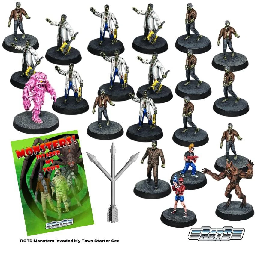 The image features a collection of 30mm scale resin miniatures from the "Monsters Invaded My Town" starter set by Traders Galaxy. Prominently displayed are two heroes, sixteen zombies, a Frankenstein figure, a Sludge creature, a Werewolf, and five Pumpkin Spawn Points, all mounted on 32mm black plastic bases. In the foreground, a colorful booklet titled "MONSTERS! INVADED MY TOWN" and a set of three arrows are also visible, highlighting the game's thematic elements.