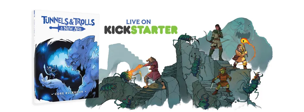 A colorful illustration features a fantasy scene with three characters engaged in a battle against large, menacing spiders. On the left, a humanoid figure with a wolf-like head casts a spell, emitting flames towards a spider. In the center, a character in green attire stands ready with a bow, while on the right, another character, dressed in armor, prepares for combat. The background consists of rocky terrain, enhancing the adventurous atmosphere, with the text "LIVE ON KICKSTARTER" prominently displayed above.