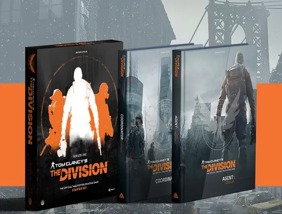 A boxed Starter Set for Tom Clancy’s The Division tabletop roleplaying game is prominently displayed, featuring a striking cover with silhouettes of characters in action poses against a dark background. Next to it are two additional books: the Coordinator's Manual, showcasing a character in a tactical outfit, and the Agent's Manual, featuring another character in a similar urban setting. The overall color scheme includes dark tones with vibrant orange accents, reflecting the game's themes of survival and chaos.