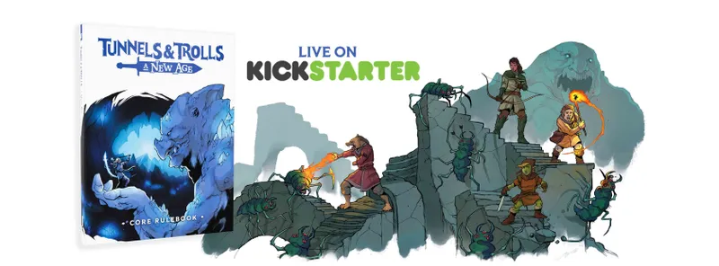 A colorful illustration features a fantasy scene with three characters engaged in a battle against large, menacing spiders. On the left, a humanoid figure with a wolf-like head casts a spell, emitting flames towards a spider. In the center, a character in green attire stands ready with a bow, while on the right, another character, dressed in armor, prepares for combat. The background consists of rocky terrain, enhancing the adventurous atmosphere, with the text "LIVE ON KICKSTARTER" prominently displayed above.
