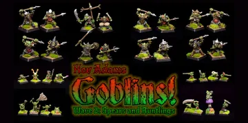 The image showcases a collection of dynamic goblin miniatures sculpted by Kev Adams, arranged on a dark background. There are 17 goblins prominently displayed, including a leader and a command group, all equipped with various weapons like spears and axes, along with 12 spearmen. Additionally, several runtlings are featured at the bottom, each with unique poses and expressions, highlighting their character and charm. The text "Kev Adams Goblins! Wave 2: Spears and Runtlings" is artistically integrated into the design, emphasizing the theme of the Kickstarter campaign.