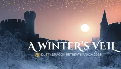 A medieval castle stands against a twilight sky, with a large moon glowing in the background and stars twinkling above. The foreground features a snowy landscape, enhancing the atmospheric and magical vibe of the scene. The text "A WINTER'S VEIL" and "DUSTY DRAGON RETREATS // NOV 2026" is prominently displayed, inviting participants to a weekend-long Dungeons & Dragons experience.