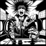 Black-and-white illustration of a spiked-jacketed person shouting, holding a knife, with a burst effect behind.