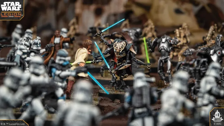 A dynamic scene from Star Wars Legion features a clash between Clone Troopers and droids, with General Grievous prominently wielding blue lightsabers. In the foreground, several Clone Troopers are poised for battle, while Obi-Wan Kenobi, dressed in a beige robe, engages with Grievous. The background is filled with additional droids and soldiers, creating a sense of action and conflict.