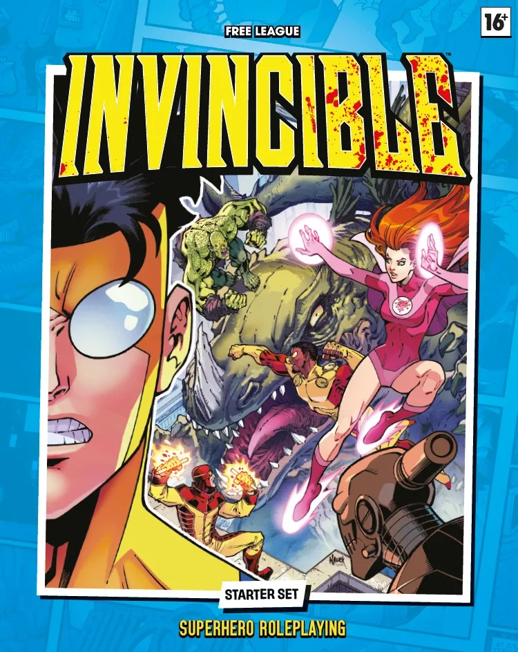 Large, bold, yellow and red comic-style title at the top reading "INVINCIBLE." The cover depicts a dynamic scene with multiple characters in a chaotic battle.

On the left, a muscular man with brown hair, wearing an orange and blue costume, has his fist raised, with a glowing blue energy effect around it. In the center, a monstrous green creature with sharp teeth and multiple eyes is lunging forward, surrounded by smaller green humanoid figures. To the right, a woman with bright red hair, wearing a pink and purple costume with a circular emblem on her chest, is flying forward with her fist raised, emitting a fiery orange aura. Below her, a man in a red and yellow costume is firing a beam from a large gun. Another character in a red and black suit is partially visible on the far right, appearing to be in motion. The background features a cityscape with explosions and debris. The artist's signature "Walker" is visible in the bottom right corner.