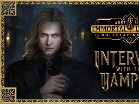 A man with long brown hair, pale skin, and a serious expression, wearing a dark suit jacket, purple tie, and white shirt. Dark, ornate background with partial text reading "IMMORTAL" and "Renegade Game Studios" logo.