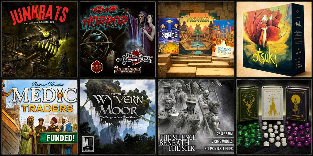 Four tabletop game box covers: Ultimate Horror, Mexico, Wyvern Moor, The Silence Beneath the Silk.
