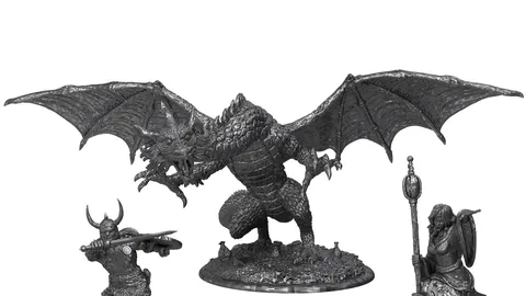 Gray metal miniatures: dragon, warrior, mage, thief on bases.