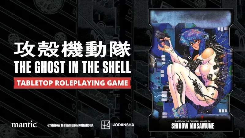 "Ghost in the Shell Roleplaying Game" text with cyberpunk character holding a gun.