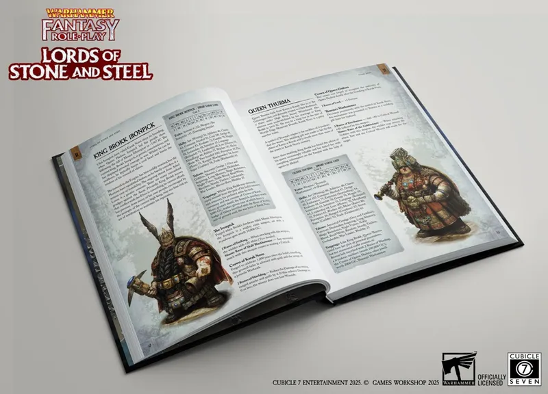 An open book titled "Lords of Stone and Steel" displays two character profiles: King Brock Ironpick and Queen Thurma. King Brock, depicted in armor with a horned helmet, is illustrated on the left, while Queen Thurma, wearing a fur-lined cloak and holding a staff, is shown on the right. The pages feature text detailing their backgrounds and attributes, set against a muted, icy backdrop that complements the Dwarven theme.