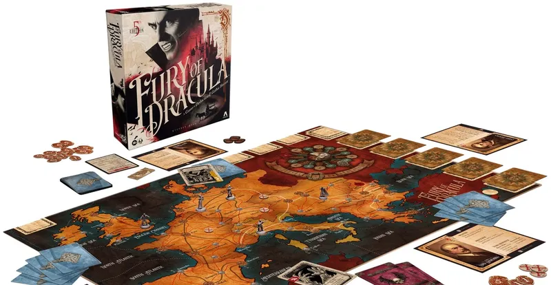 The image features the box for "Fury of Dracula: 5th Edition," prominently displaying a dramatic illustration of Dracula alongside the game's title. In the foreground, a detailed game board depicts a map of Europe, with various routes and cities marked, while several character miniatures representing hunters are positioned on the board. Accompanying components include cards, tokens, and a few additional game pieces, all arranged around the box to showcase the game's elements.
