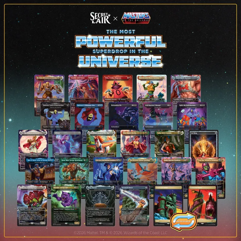 Secret Lair x Masters of the Universe: The Most Powerful Superdrop in the Universe, with 30 Magic: The Gathering cards.