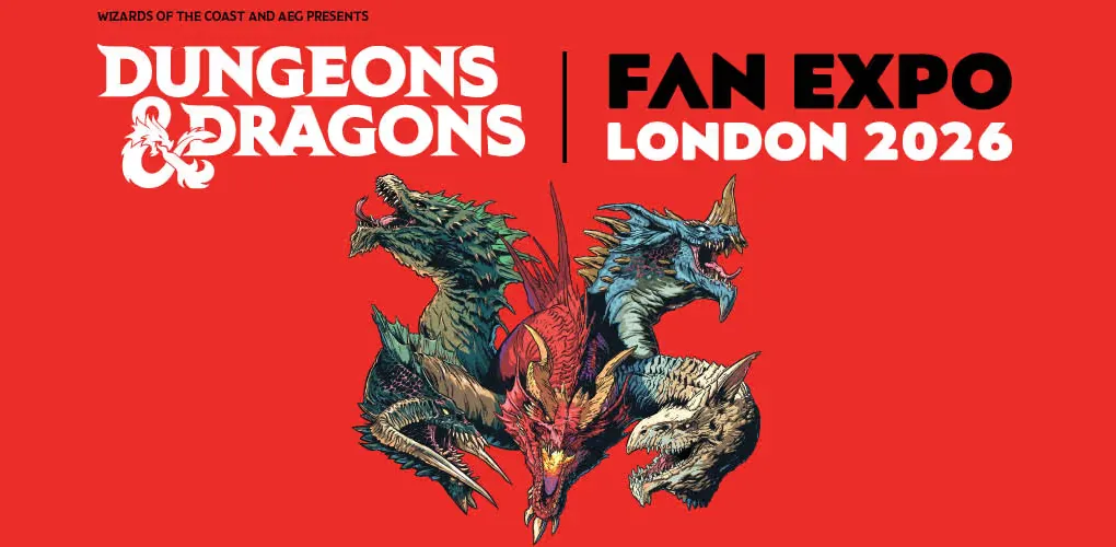 A striking graphic features a fierce, multi-headed dragon with vibrant colors, set against a bold red background. The text prominently displays "Dungeons & Dragons" at the top, followed by "FAN EXPO LONDON 2026" in large, bold letters. The design emphasizes the excitement of the upcoming event, highlighting the partnership between Wizards of the Coast and AEG Presents.