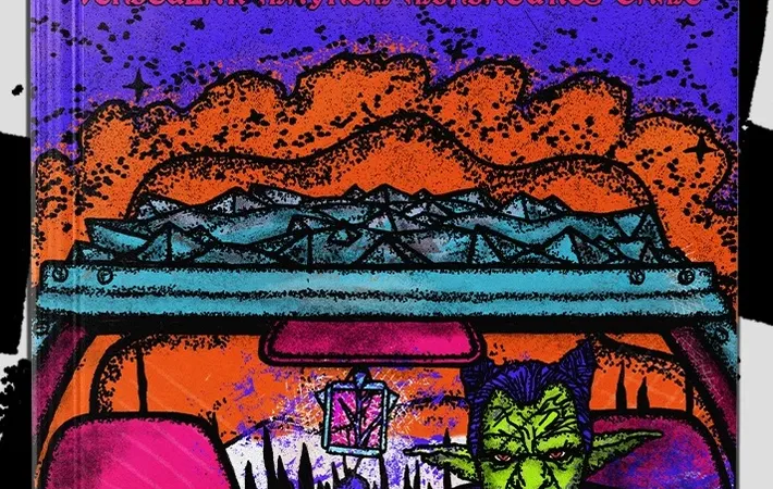 A vibrant and chaotic cover for the "Fool's Fuel" rulebook features a greenskin character with pointed ears and a fierce expression, seated in a vehicle. The background is filled with a surreal landscape of jagged mountains and an orange sky, creating a sense of mayhem. The title "FOOL'S FUEL" is prominently displayed in bold, green lettering, emphasizing the game's theme of vehicular skirmishes and magical chaos.