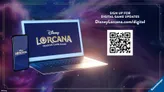 Laptop with open screen, QR code, text "SIGN UP FOR DIGITAL GAME UPDATES DisneyLorcana.com/digital" against space background.