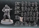A collection of unpainted sci-fi miniatures is displayed, featuring a central figure in a tactical pose, holding a weapon, and wearing armor with various details. Surrounding this main figure are multiple smaller miniatures, including infantry units, heavy weapon crews, and command squad members, all in a similar design style. The figures are presented in a monochromatic gray, showcasing their intricate sculpting and various poses, set against a dark textured background.