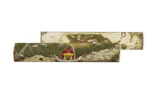 Two rolled maps are displayed, one featuring the region of Talabheim and the other depicting the Empire in 2276 IC. The maps are presented in a cylindrical packaging adorned with intricate designs, including a colorful emblem at the center. The overall color scheme is earthy, with greens and browns, reflecting the landscapes of the maps inside.