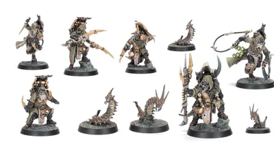 A collection of six intricately designed miniatures representing the Sha’dar Hunters from Necromunda, accompanied by their Arthromite spinewyrms. The hunters are clad in rugged, post-apocalyptic armor, featuring various weapons and gear, while the spinewyrms exhibit a segmented, menacing appearance. The bases of the miniatures are textured to resemble the harsh terrain of the Ash Wastes, enhancing the overall theme of survival in a desolate environment.