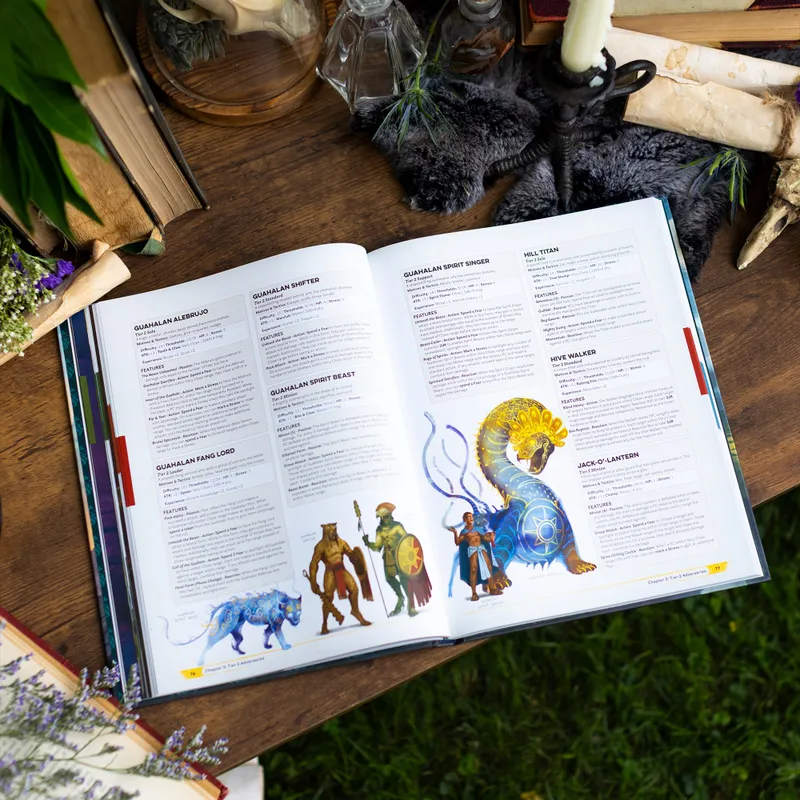 Open book on a wooden table with illustrations of fantasy characters and creatures.