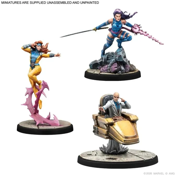 Three painted miniatures: a woman in yellow and blue leaping, a woman in blue with a sword, and a man in a suit on a hovercraft.