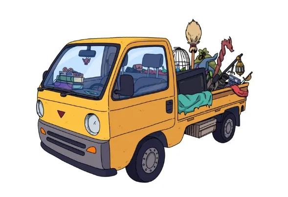 A yellow flatbed truck with a gray lower section, round headlights, and a small triangular logo on the front. The truck's bed is filled with various items: a green blanket, a birdcage, a staff with a bulbous top, a red dragon-like figure, a lantern, a sword, and other miscellaneous objects. Inside the cab, there are stacked boxes, a rearview mirror with a small hanging ornament, and a visible seat.