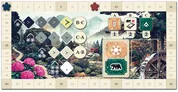 Board game section showing three action cards labeled A, B, and C. Card A has a snowflake icon and a bear illustration. Card B has an "X" over a bear and a book icon. Card C has a green arrow. Below, two numbered tiles: one with a snowflake and bear, the other with a water wheel.