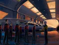 Seven characters in futuristic uniforms stand in a row on a curved platform, facing forward. One character in a yellow shirt stands to the right, holding a datapad. A large, sleek spaceship is docked behind them.