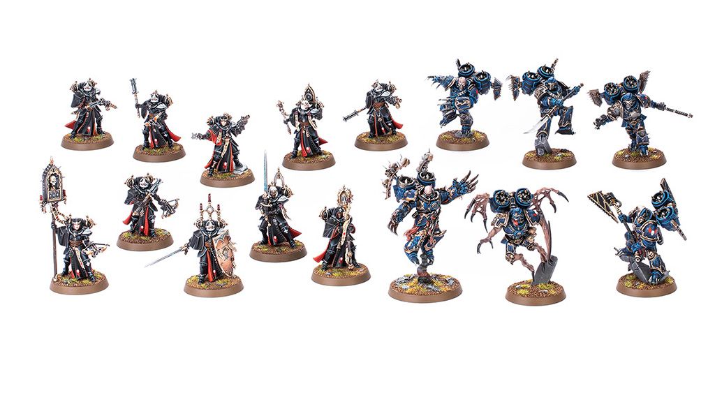 A collection of detailed miniatures from the Kill Team: Shadowhunt set features two opposing factions: the Adepta Sororitas and Chaos Space Marines. The Adepta Sororitas, known as the Celestian Insidiants, are depicted in dark armor with red accents, wielding various weapons, while the Chaos Space Marines, represented by the Murderwing, showcase a more chaotic design with jump packs and menacing melee weapons. The miniatures are arranged on a grassy base, highlighting their intricate details and dynamic poses.