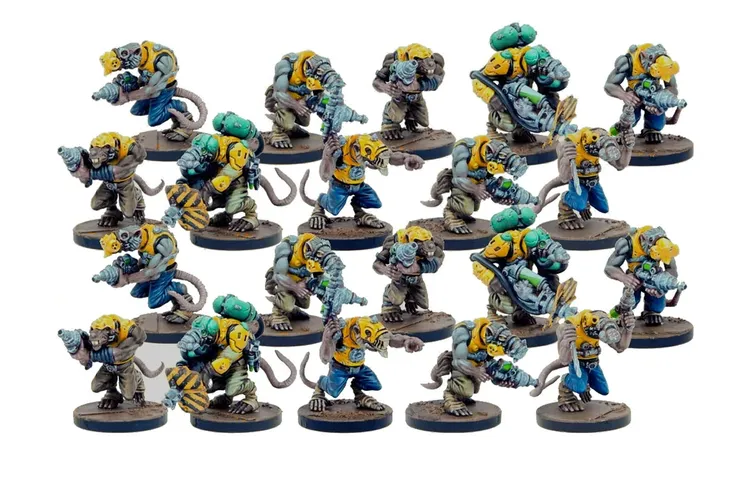 A group of detailed miniatures representing Verr-Myn characters from the tabletop game, arranged in a grid pattern. The figures feature a mix of humanoid rat-like creatures, each equipped with various weapons and wearing armor. The color palette includes shades of gray for the bodies, with bright yellow and green accents on their gear, creating a vibrant contrast. The bases are textured to resemble a rugged terrain, enhancing the overall dynamic appearance of the miniatures.