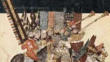 A medieval-style illustration of a group of people on horseback, some holding musical instruments including a large golden harp, a trumpet, and a drum. They are dressed in colorful, ornate clothing and armor. The background features a patterned wall with geometric designs. Above the illustration, the text "The Crowd & The Court" is displayed in a large, white, gothic font on a dark background.