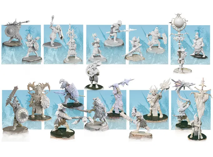 A collection of detailed miniature figures inspired by Ian Miller's illustrations, showcasing a variety of Chaos beastmen and their followers. The miniatures are presented in a range of dynamic poses, featuring intricate armor and weaponry, set against a light blue background. The assortment includes heavily armored knights, monstrous creatures, and anti-heroes, all sculpted in either 28 or 32mm scales.