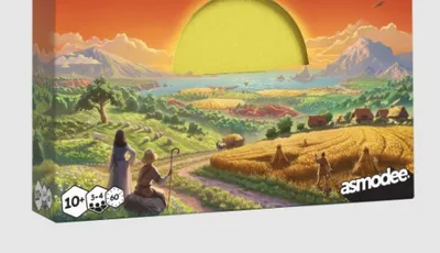 The box for "Catan Zip!" features a vibrant sunset over a pastoral landscape, with rolling hills, fields, and distant mountains. The title "Catan" is prominently displayed at the top in bold yellow letters, with "ZIP! EDITION" beneath it. In the foreground, two characters are depicted, one holding a staff, suggesting a sense of adventure and exploration.