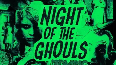 Green-tinted horror scene with three zombie faces in the background. Central text reads: "ZOMBIE BRAINEATERS! NIGHT OF THE GHOULS." Foreground shows a woman with long hair and a man in a hospital bed.