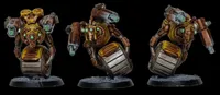 A detailed miniature of a robotic character features a round body with a metallic, silver barrel-like base and a prominent, circular golden core. It has two mechanical arms, one equipped with a green-tipped weapon and the other with a series of intricate gears and glowing green eyes. The figure stands on a textured black base, showcasing a weathered, industrial aesthetic with hints of rust and wear.