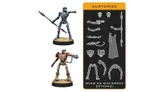 Two multipart miniatures of Separatist Super Tactical Droids are displayed on a textured base, one in a blue and gray color scheme with a raised arm, and the other in a tan and red design, also posed with an arm extended. To the right, a customization panel outlines over 20 different options, including various heads, weapons, and limbs, depicted in white on a black background. The header "CUSTOMIZE" is prominently featured at the top in bold yellow text.