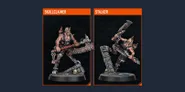 The image features two miniatures from the upcoming Kill Team expansion, Blood and Zeal. On the left is the Skullclaimer, a muscular figure wielding a large, jagged weapon, adorned with spikes and skull motifs, showcasing a fierce expression. On the right is the Stalker, posed dynamically with a weapon raised, standing on a rocky base, emphasizing agility and readiness for battle. Both miniatures exhibit intricate details and a gritty aesthetic typical of the Goremongers faction.