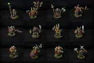 A grid of 12 painted miniature figures against a black background. Each figure depicts a Chaos Dwarf warrior with detailed armor, weapons, and some with horns or helmets. Weapons include axes, hammers, spears, and swords. Some figures have shields or decorative elements like animal skulls and spikes. The bases are textured with green to resemble grass.