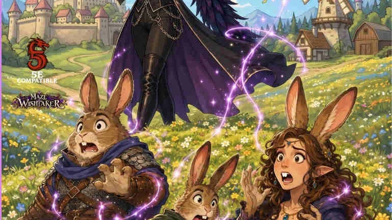 A stylized fantasy scene featuring a tall, humanoid fae with blonde hair, a black cloak, and purple magic swirling around them. Three anthropomorphic rabbits—one armored, one small, and one human-like with long hair—stand in a grassy field.