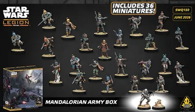 A collection of 36 miniatures from the Mandalorian Army Box for the Star Wars: Legion game is displayed, featuring various Mandalorian characters in dynamic poses. The miniatures are set against a dark background, with a prominent box at the bottom left labeled "MANDALORIAN ARMY BOX" and the text "INCLUDES 36 MINIATURES!" highlighted above. The miniatures showcase a range of armor designs and weapons, reflecting the diverse Mandalorian culture and their combat readiness.