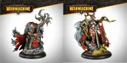 The image features two intricately designed miniatures from the Warmachine Khador Old Umbrey Auxiliary Expansion. On the left, a figure with a skeletal, branch-like appearance holds a staff, adorned with various textures and details. On the right, a witch, Olesea Reznikova, is depicted in a dynamic pose, wearing a mix of armor and flowing garments, with a serpent coiling around her arm and a dramatic backdrop of fur and foliage. Both miniatures are set against a light gradient background, emphasizing their detailed craftsmanship.