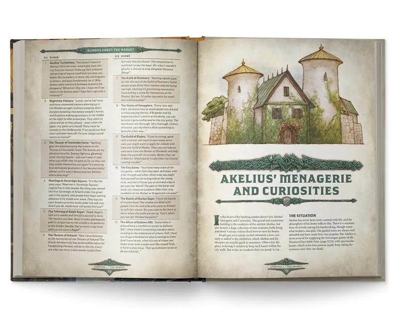 Open book showing text and an illustration of a building with towers, titled "Akelius' Menagerie and Curiosities".