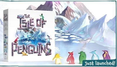 A snowy, icy landscape with jagged ice formations and mountains in the background. In the foreground, four colorful animal figures stand on the ice: a yellow penguin, a red fox, a green dinosaur, and a small yellow bird. The text "THE ISLE OF PENGUINS" is prominently displayed in large, blocky letters made of stone, with penguins and other small animals perched on them. In the bottom right corner, the word "Just" is partially visible in white text on a green background.
