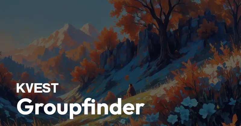A serene landscape features majestic mountains in the background, adorned with autumn foliage in shades of orange and red. In the foreground, a figure sits on a rocky outcrop, gazing at the scenery, which includes a winding path and patches of snow. The text "KVEST Groupfinder" is prominently displayed at the bottom, emphasizing the platform's focus on connecting tabletop RPG players and game masters.