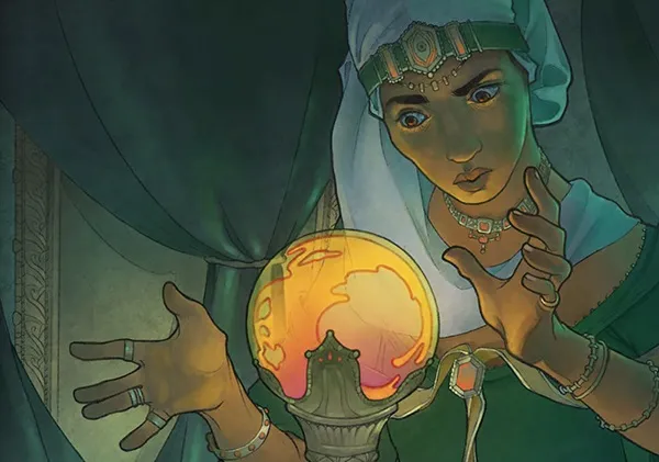 Close-up illustration of a stylized character from a fantasy setting. The figure has dark skin, large golden eyes, and wears an ornate green headpiece with a central red gem. They are adorned with multiple necklaces, arm bands, and a decorative chest plate. The character holds a large, glowing, translucent yellow orb in their left hand, which emits a warm light. Inside the orb, a small silhouette of a knight in armor is visible, kneeling with a sword. The background features a dark, misty atmosphere with faint outlines of stone architecture.