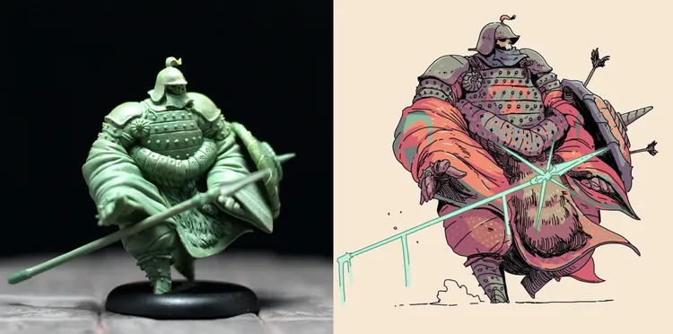 On the left, a small, intricately detailed resin miniature of a knight is displayed, showcasing fine features and textures. On the right, a colorful illustration depicts a large, imposing knight in exaggerated armor, with a vibrant red cloak and a shield, wielding a sword. The knight's design includes playful elements, such as a whimsical helmet and a dynamic pose, emphasizing a fantastical theme.