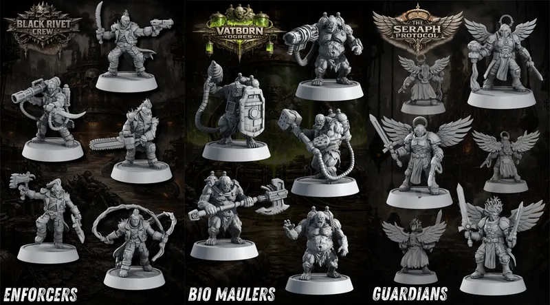 A collection of ten detailed, gray-scale miniatures is displayed, showcasing various post-apocalyptic sci-fi gang characters. The miniatures are organized into three groups: "Enforcers," "Bio Maulers," and "Guardians," each featuring unique designs and weaponry, such as guns, chainsaws, and hammers. The backdrop hints at a gritty, industrial environment, enhancing the grimdark aesthetic of the miniatures.